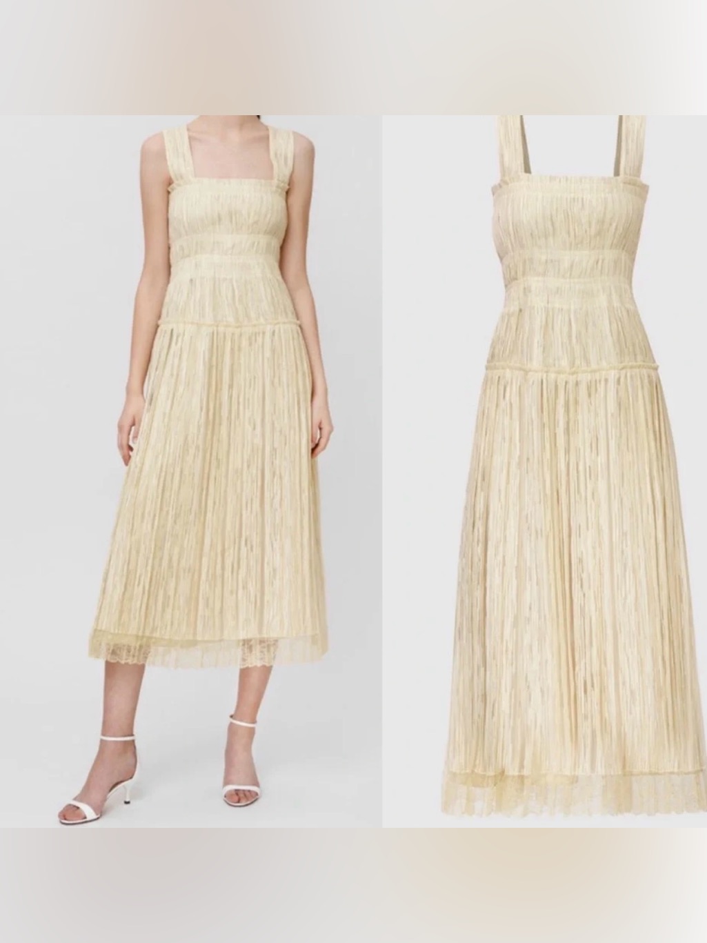 Bottega Veneta Silk Blend Chiffon Lace Midi Dress Pale Yellow